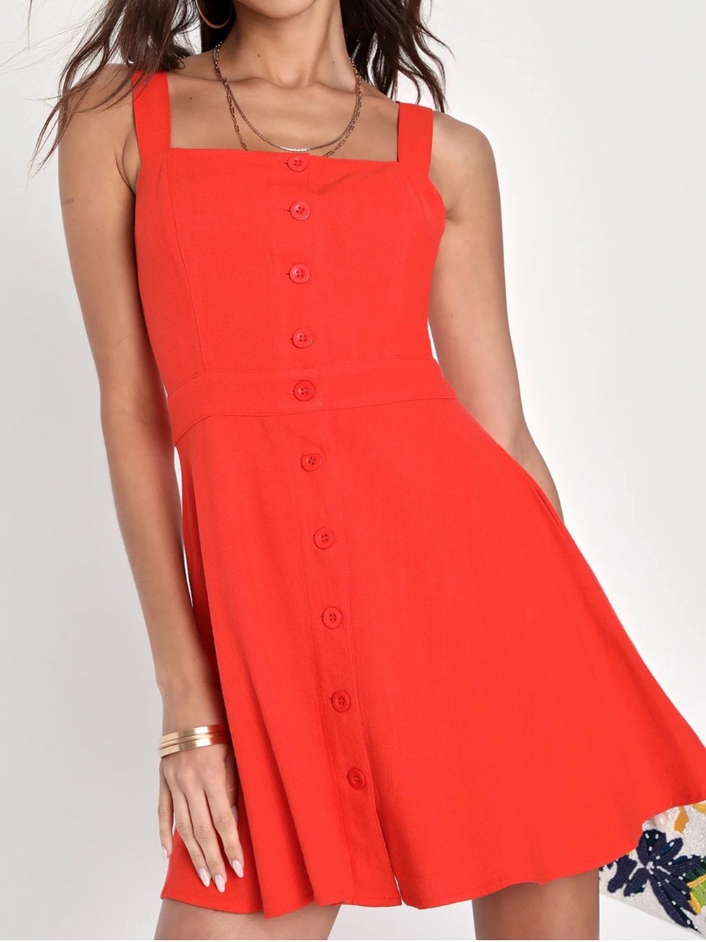 Lulus Sunny Personality Red Orange Button-Up Mini Dress With Pockets
